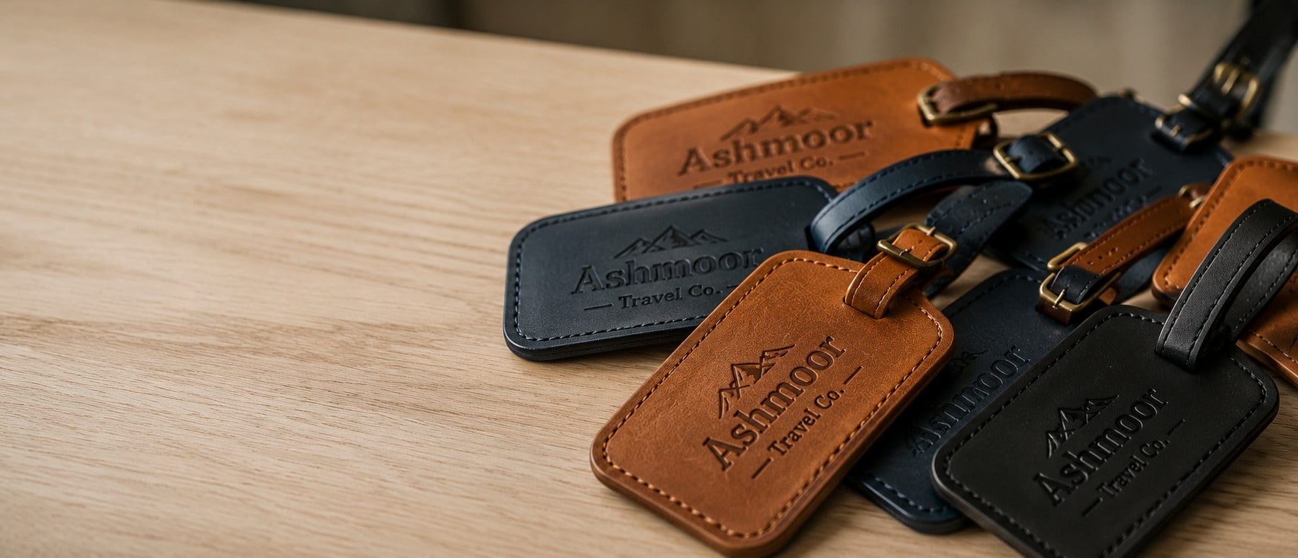 Custom leather luggage tags with a debossed logo laid out on a workbench